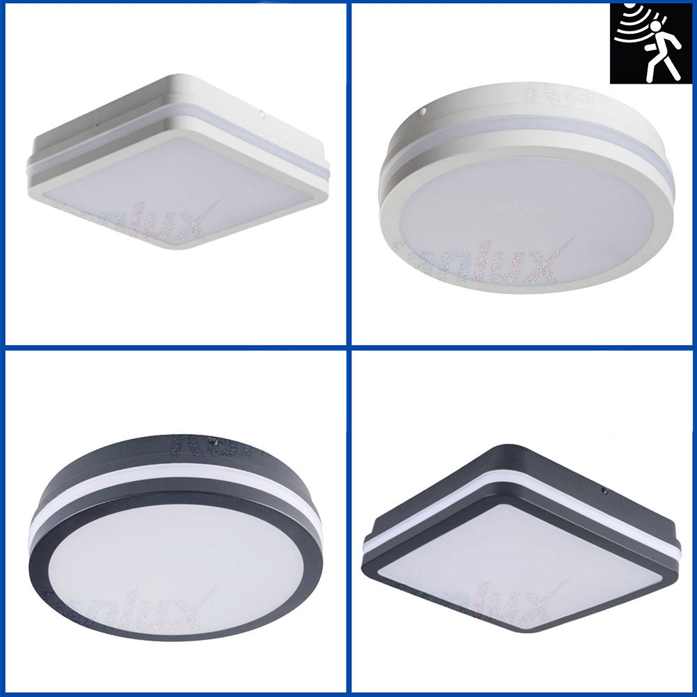 Kanlux BENO Super Bright LED Bulkhead Light - IP54 Outdoor Ceiling & Wall Mounted - Available with or without Motion Sensor