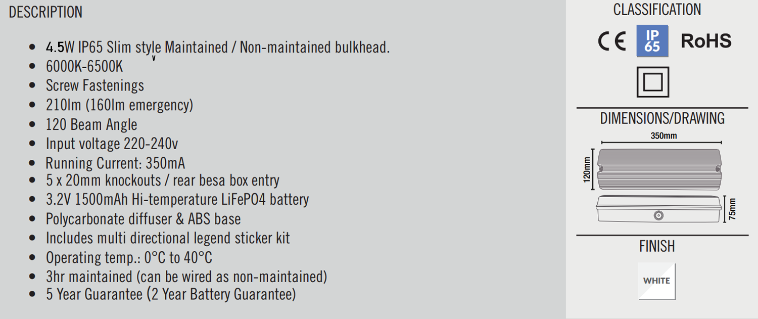 5W 3HR Emergency Maintained Ceiling Bulkhead Light IP65 Lamp 3NM NM