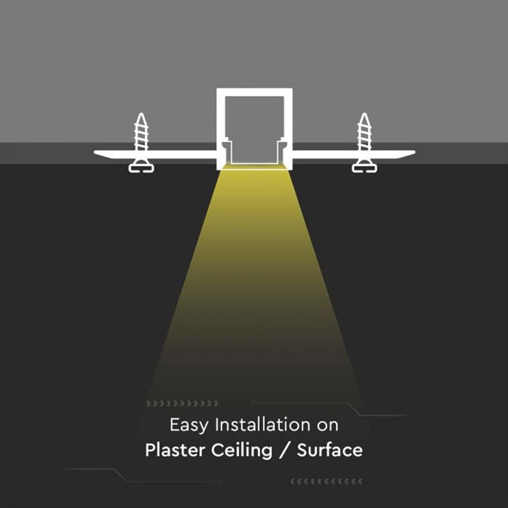 V-TAC 2M Recessed LED Strip Tape Mounting Profile Aluminium Kit - Silver - Plaster Ceiling Surface