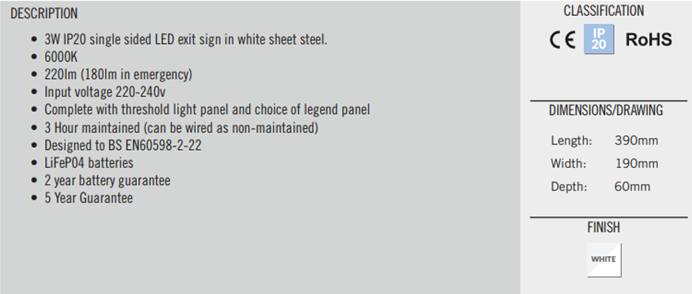 LED Exit Sign 3W IP20 White Sheet Steel | 3 Hour Maintained Emergency Exit Box | BS EN 60598-2-22 | Arrow Legends