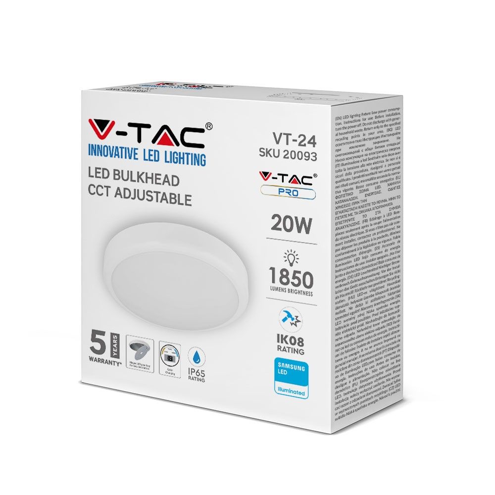 V-TAC VT-24 LED IP65 Slim Line LED Bulkhead Large Base Light 20W CCT 3 IN 1 with Samsung Chip, Sensor & Emergency Options