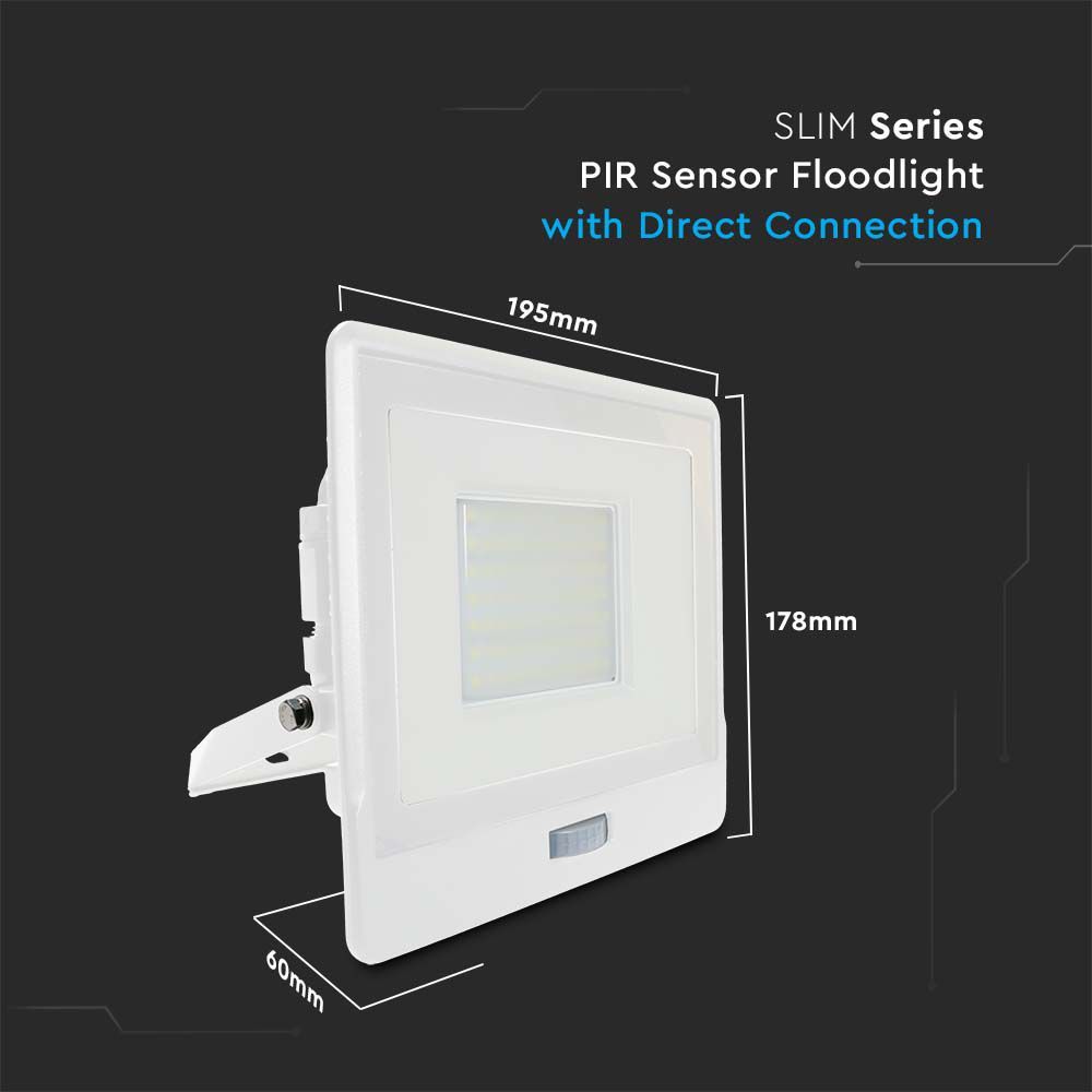 V-TAC VT-158S-1 PIR Motion Sensor Floodlight – IP65 Waterproof Outdoor LED with Samsung Chip - 1m Flex, Multi Wattage & Colour Option, White Body