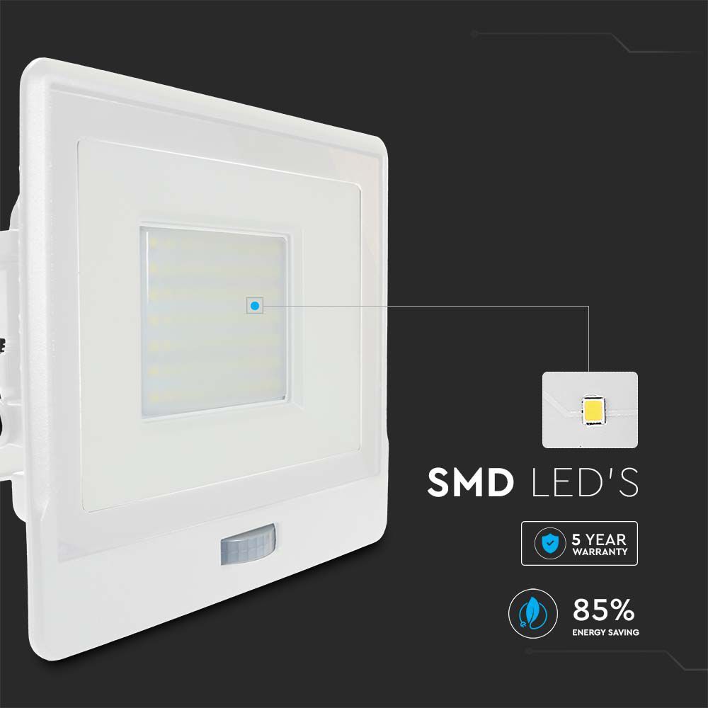 V-TAC VT-158S-1 PIR Motion Sensor Floodlight – IP65 Waterproof Outdoor LED with Samsung Chip - 1m Flex, Multi Wattage & Colour Option, White Body
