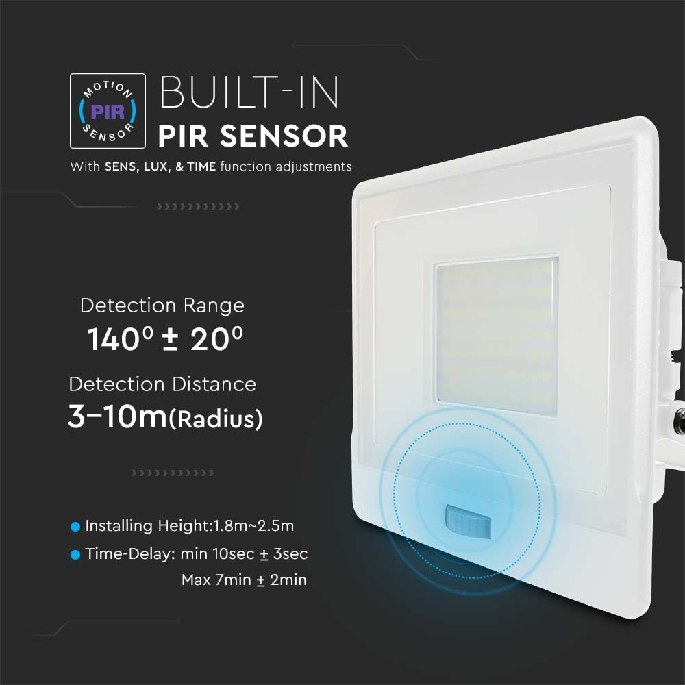 V-TAC VT-158S-1 PIR Motion Sensor Floodlight – IP65 Waterproof Outdoor LED with Samsung Chip - 1m Flex, Multi Wattage & Colour Option, White Body