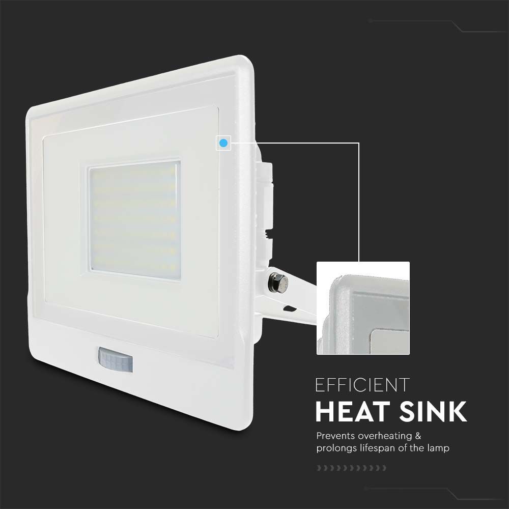 V-TAC VT-158S-1 PIR Motion Sensor Floodlight – IP65 Waterproof Outdoor LED with Samsung Chip - 1m Flex, Multi Wattage & Colour Option, White Body