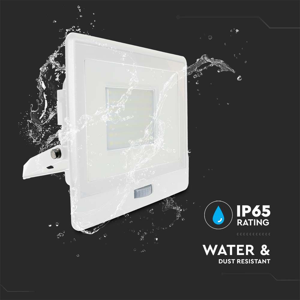 V-TAC VT-158S-1 PIR Motion Sensor Floodlight – IP65 Waterproof Outdoor LED with Samsung Chip - 1m Flex, Multi Wattage & Colour Option, White Body