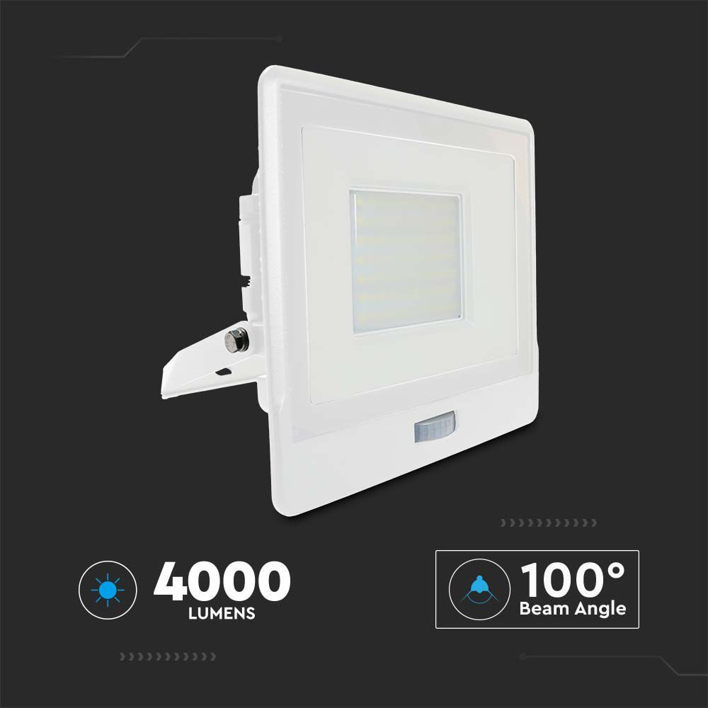 V-TAC VT-158S-1 PIR Motion Sensor Floodlight – IP65 Waterproof Outdoor LED with Samsung Chip - 1m Flex, Multi Wattage & Colour Option, White Body