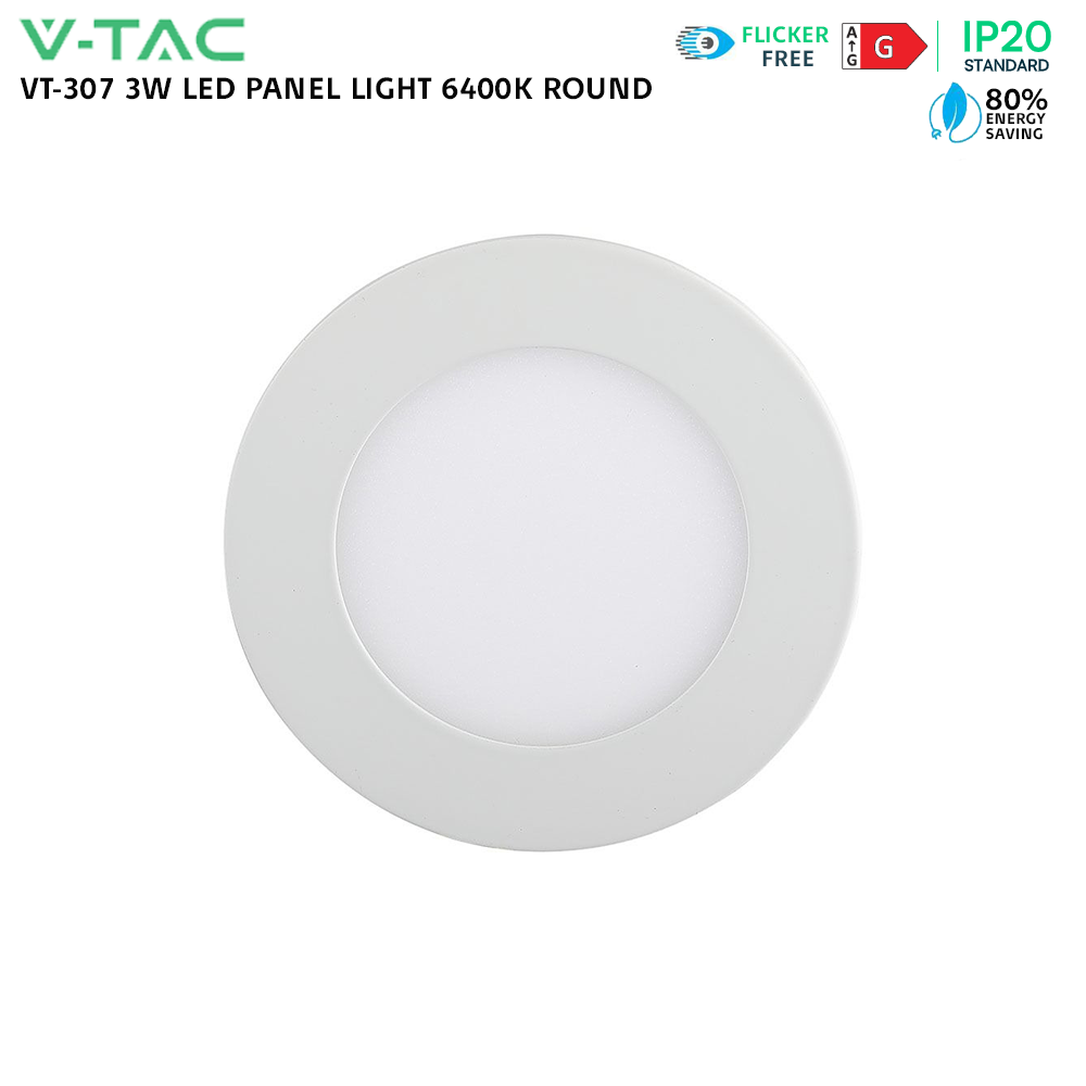 V-TAC VT-307 3W Round Recessed Flat LED Ceiling Slim Panel Spot Down Light 6400K Cool Daylight White IP20 Indoor Lighting