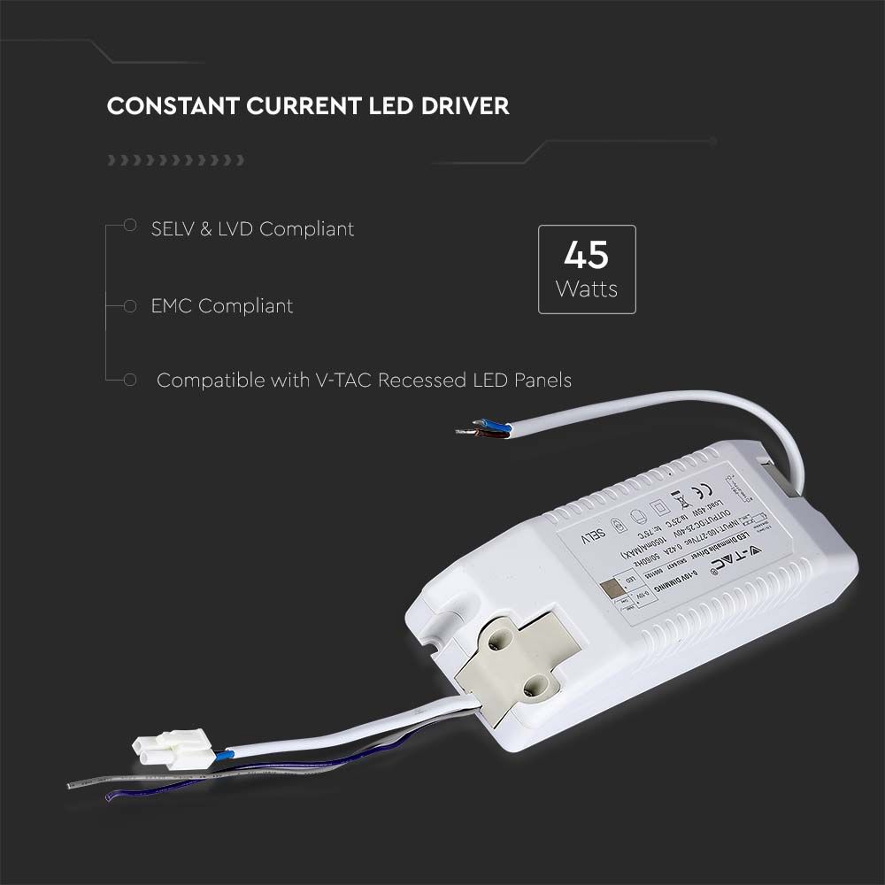 V-TAC - IP20 - 45W Dimmable LED Driver- 0-10V Control - AC 100-277V Input - DC 25-40V Output