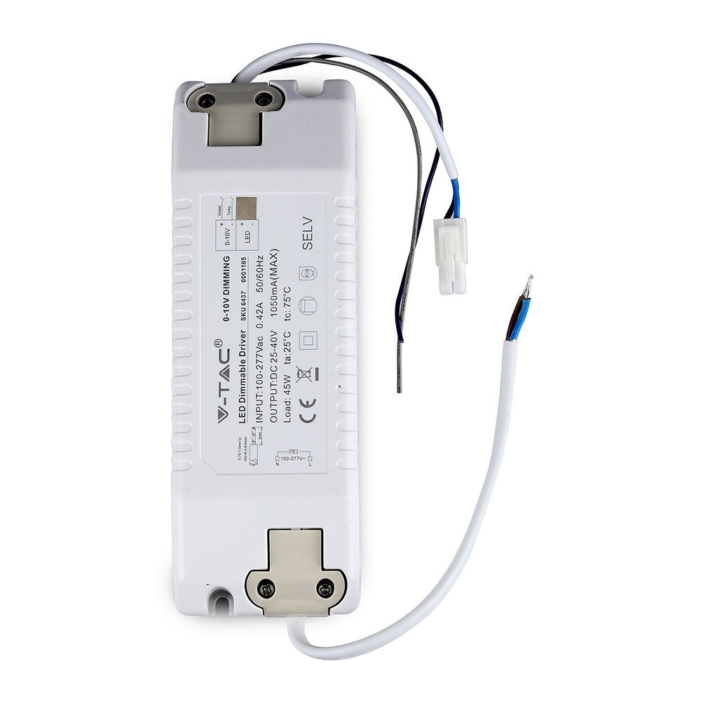 V-TAC - IP20 - 45W Dimmable LED Driver- 0-10V Control - AC 100-277V Input - DC 25-40V Output