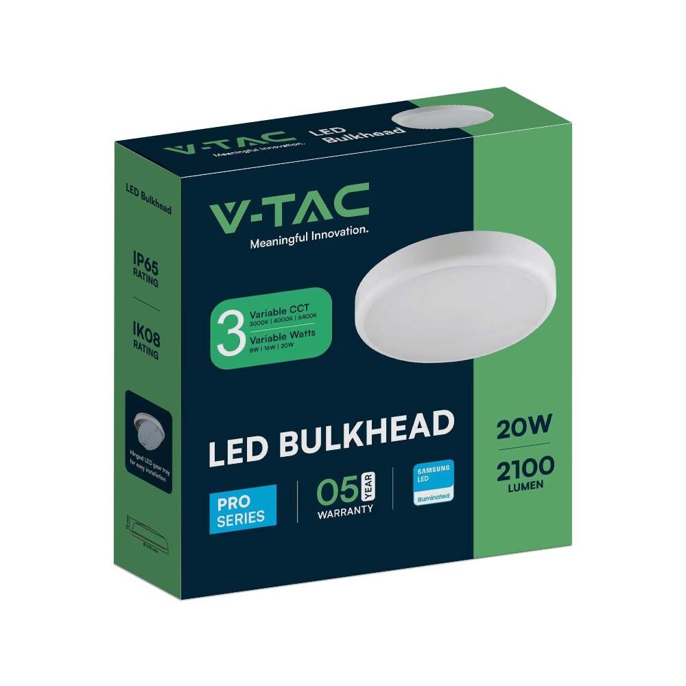 V-TAC Slim Line 3 in 1 CCT  LED Bulkhead Lights with Samsung Chip - Emergency & Sensor Options Available