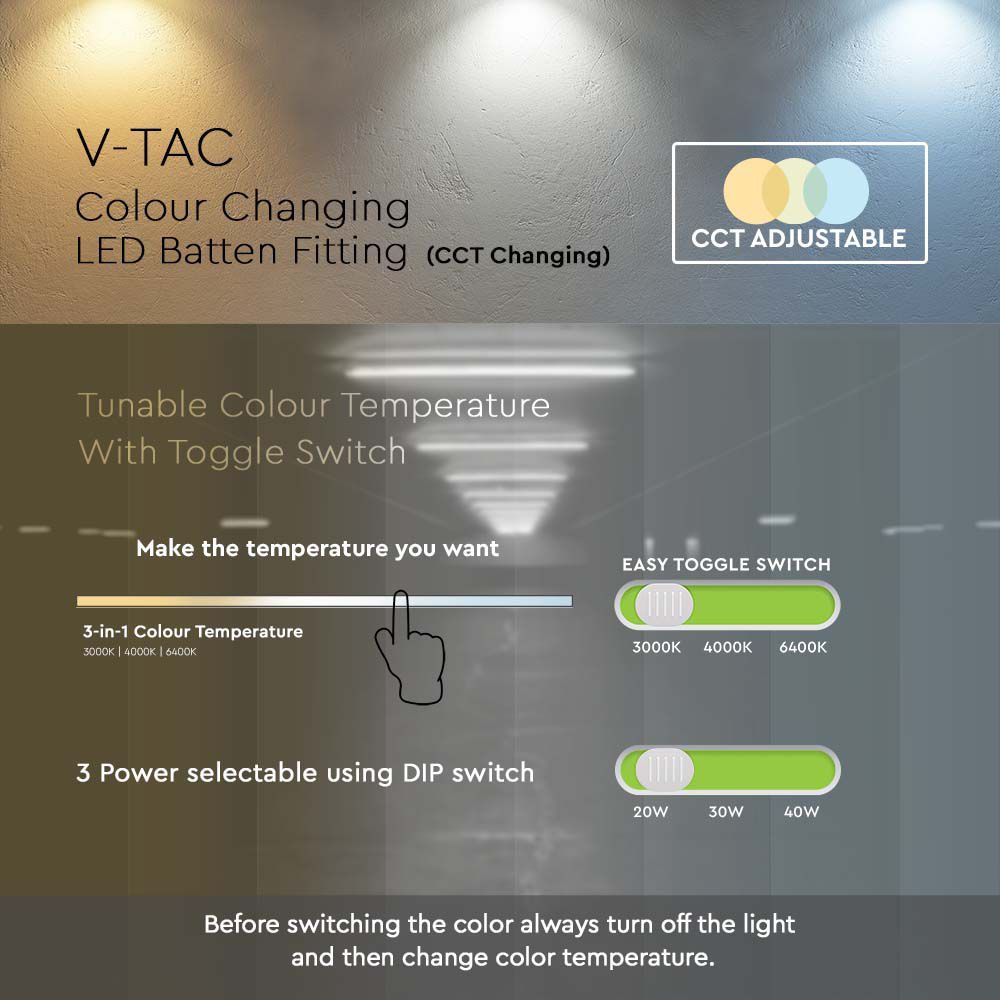 V-TAC VT-4004  LED Batten Fitting Samsung Chip - CCT 3-in-1 - 135lm/W - Sensor & Emergency Battery Options- Multi Wattage