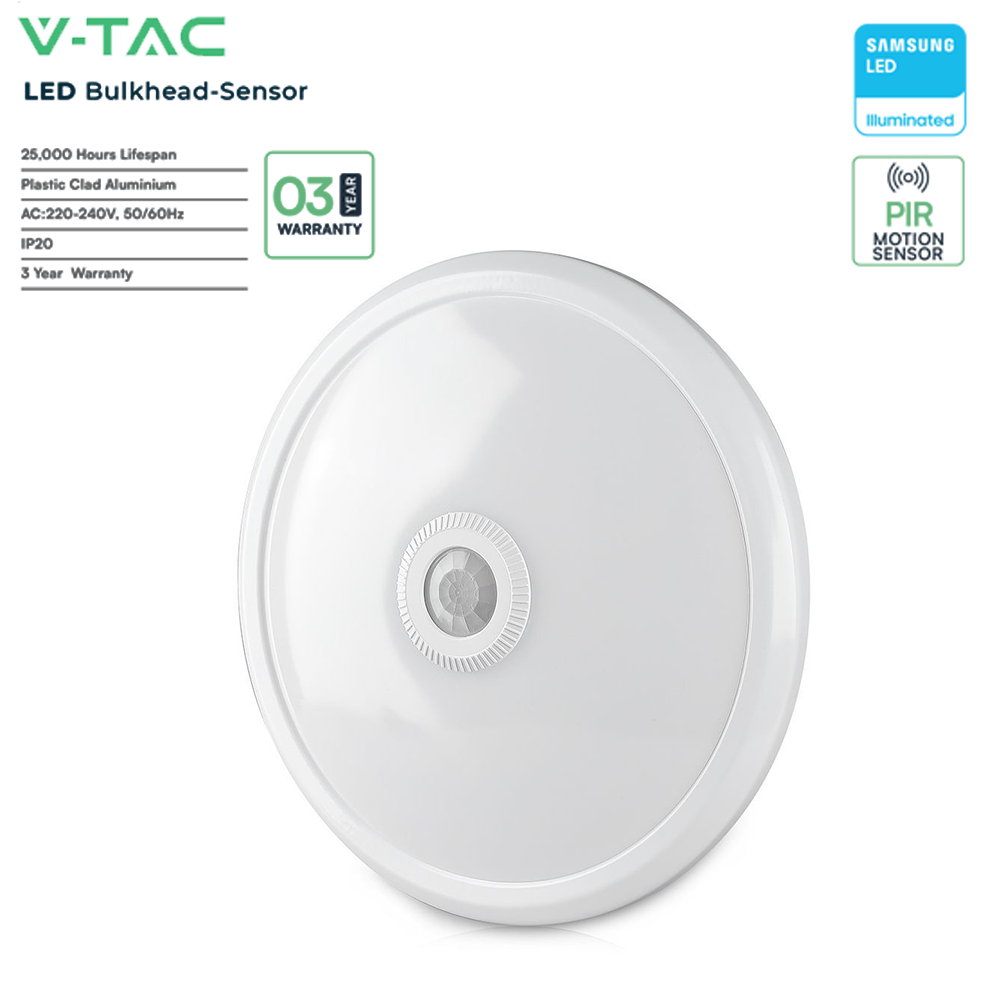 V-TAC VT-13 LED IP20 PIR Sensor Indoor Dome Light with Samsung Chip - 12W - 4000K & 6400K Options