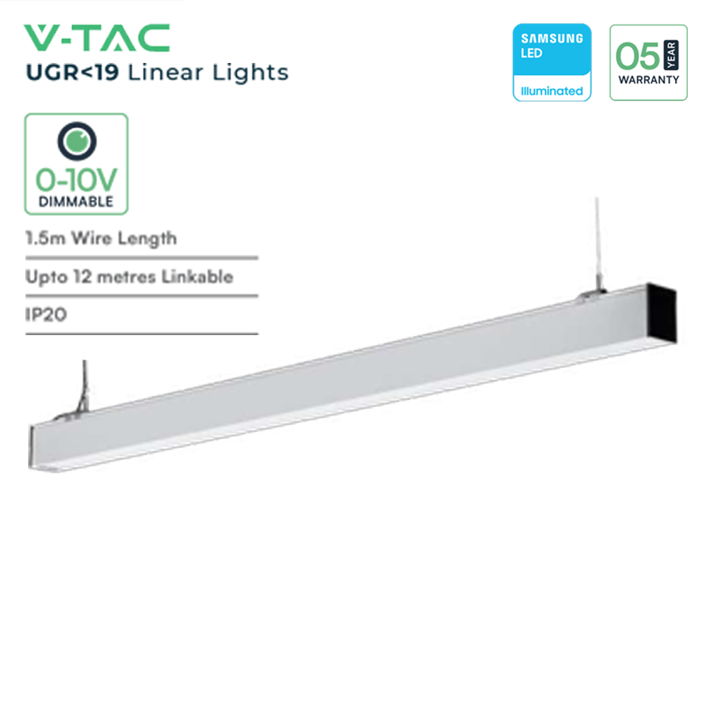 V-TAC 40W LED Linear Hanging Suspension Light - Samsung Chip - 4000K - Silver Body - Dimmable - Florescent Batten Replacement