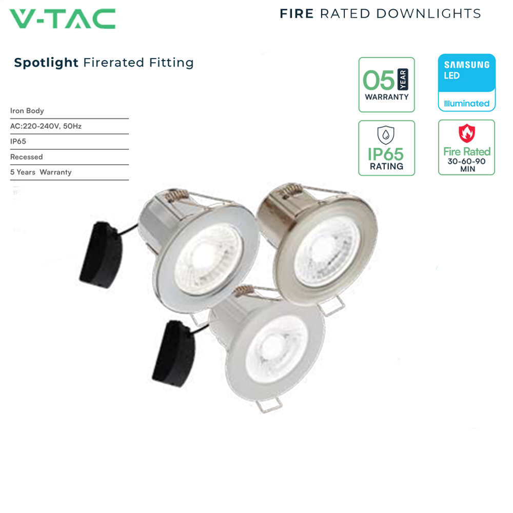 V-TAC Fire Rated Downlight VT-885 5W Dimmable LED Spotlight  IP65 with Samsung Chip – Available in Chrome, Nickel, White & Color Temperatures