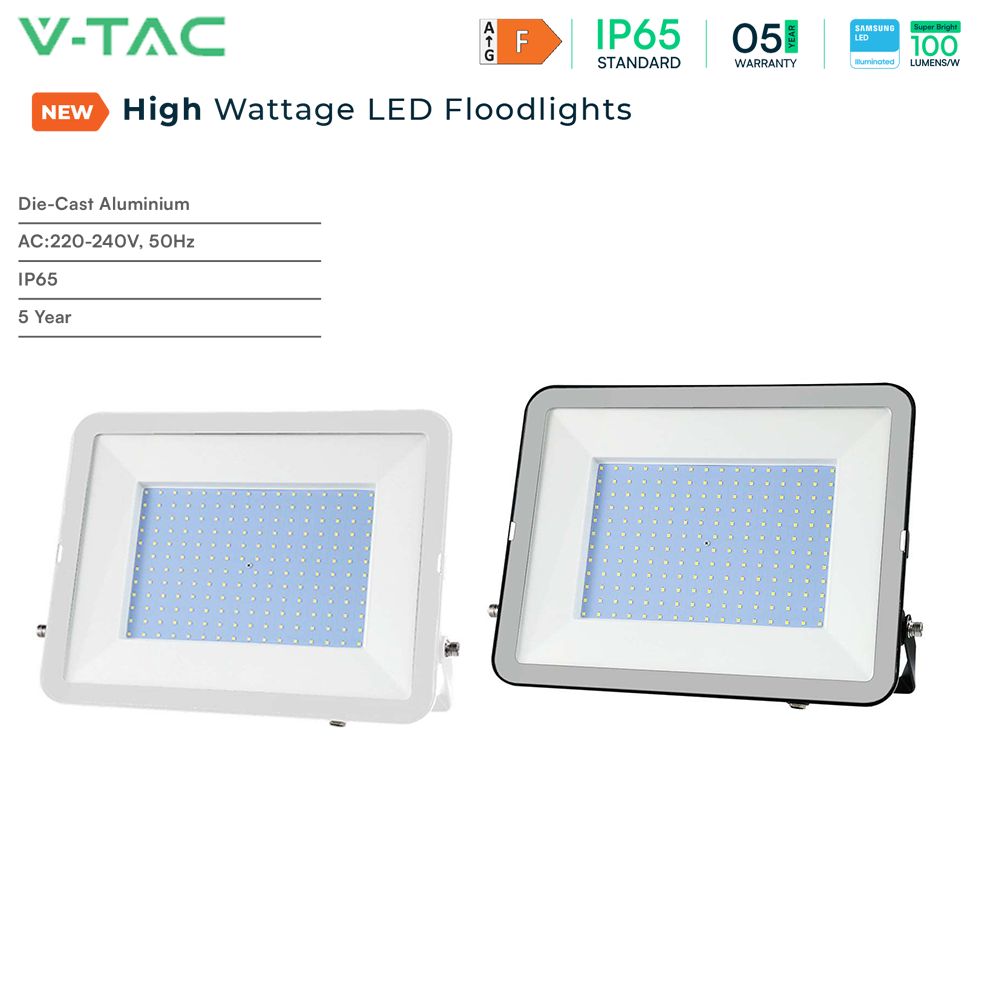 V-TAC VT-44300 300W - Commercial LED Floodlight IP65 With Samsung Chip - 1M Cable - 4000K/6500K - Black & White Body