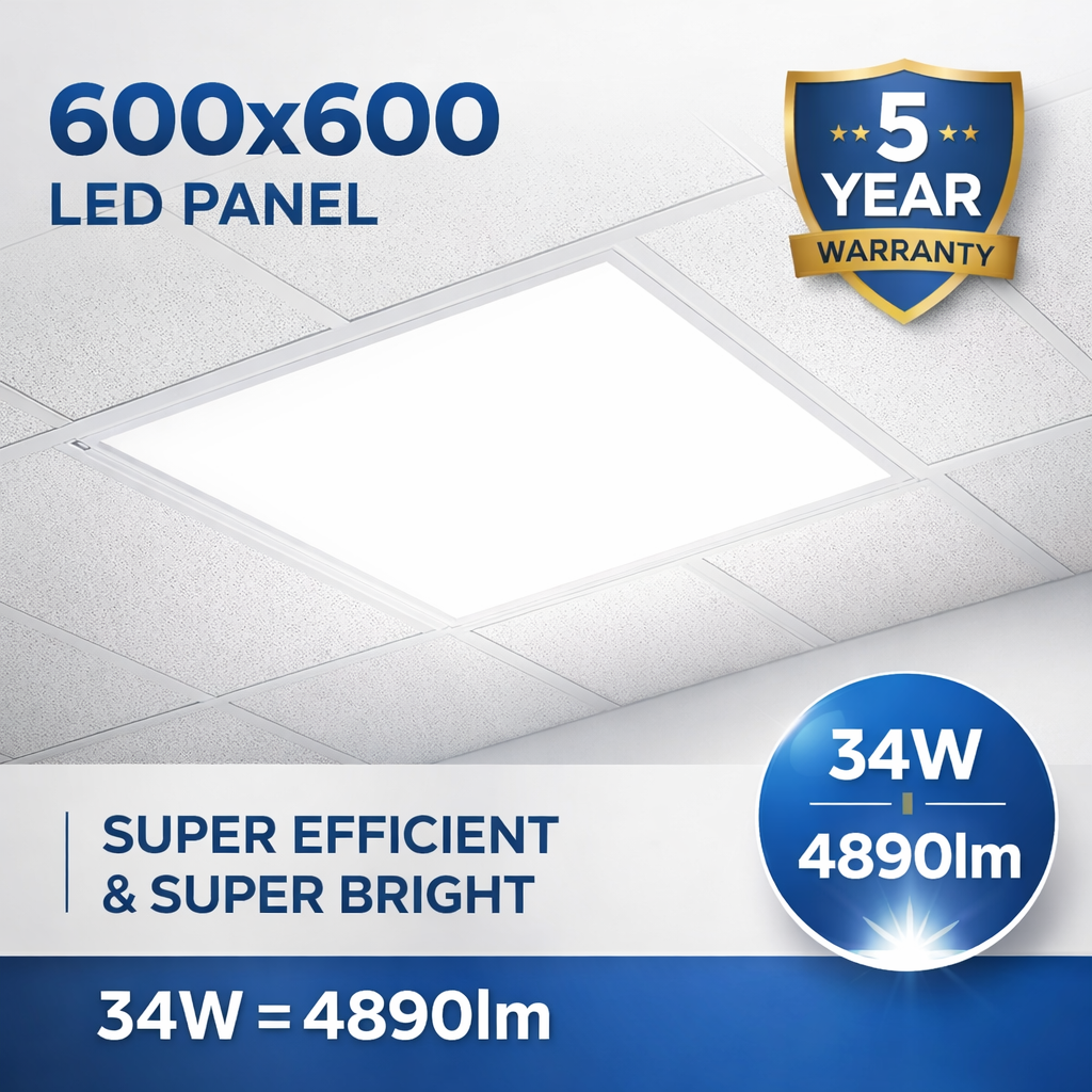 6500K Daylight White 600x600 LED Ceiling Panel Light – 4800lm High Lumen Commercial Recessed Panel for Offices, Retail & Industrial Buildings | 5 Year Warranty