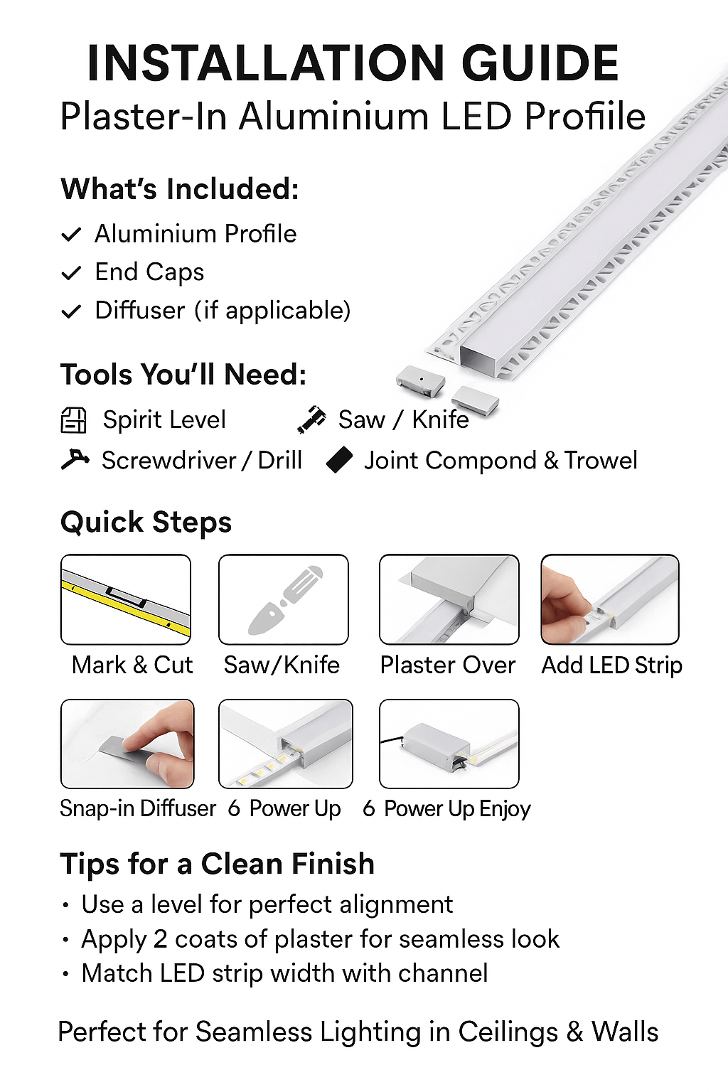 2m Plaster‑In LED Aluminium Channel (9mm & 20mm) – Milky Diffuser, Recessed Trimless Profile, Silver – VT‑8101 / VT‑8102
