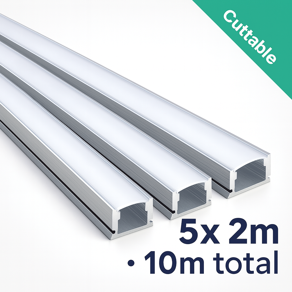 LED Strip Channel Kit 2m – Aluminium Surface-Mount with Milky Diffuser, Silver | VT-8113 (17.4×7mm) – Packs 2/5/10/20