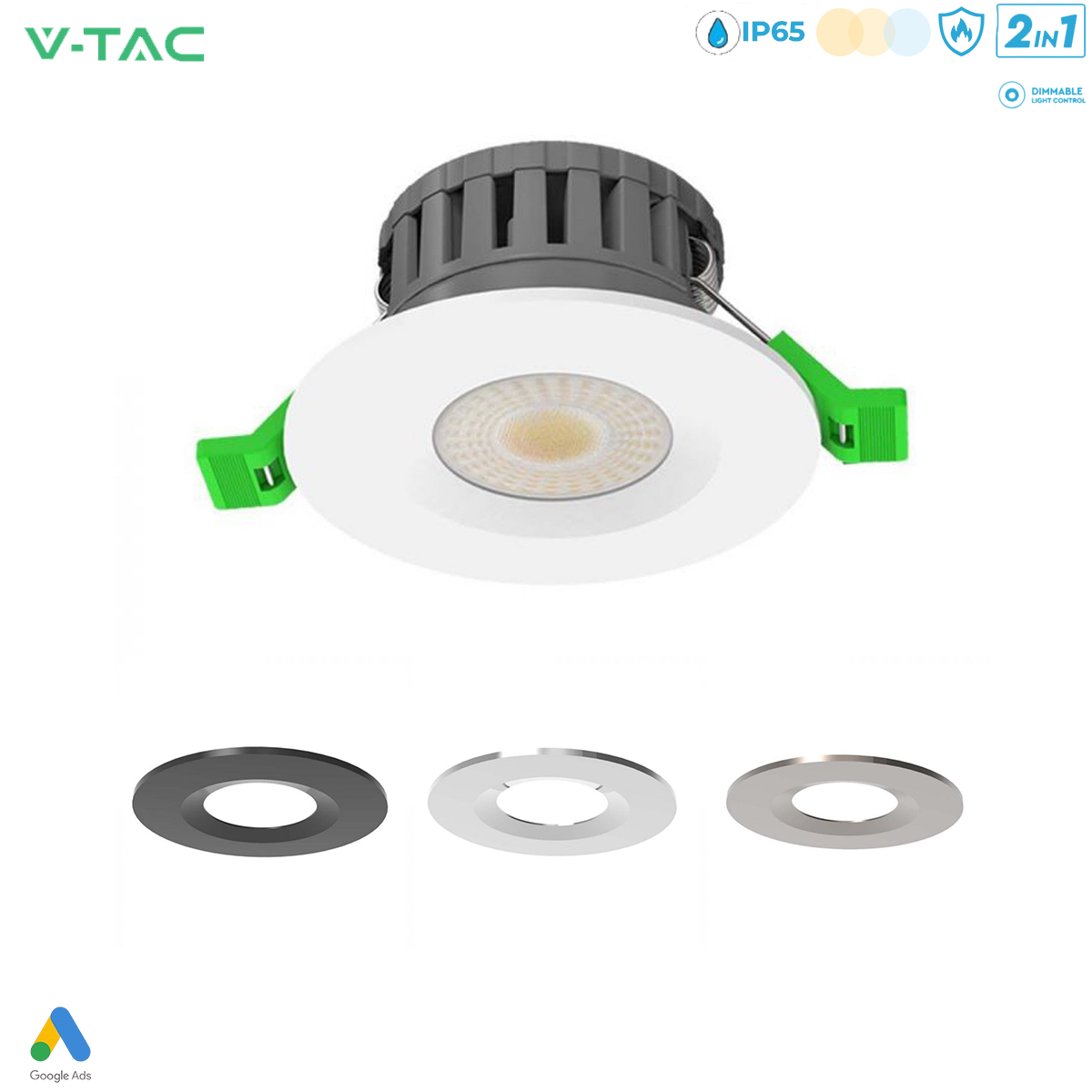 V-TAC Dual Wattage 5W 8W Universal IP65 LED Fire Rated Downlight Dimmable CCT - All in 1 Light - Bulk Quantity