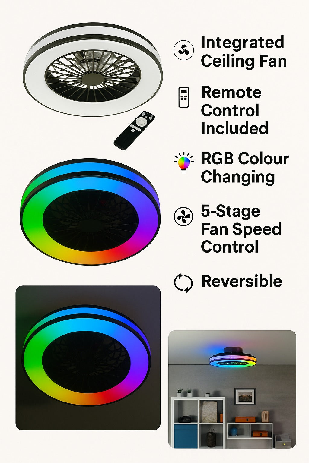 Kanlux PLAVE RGB LED Ceiling Fan Light Remote CCT Reversible Modern 48W