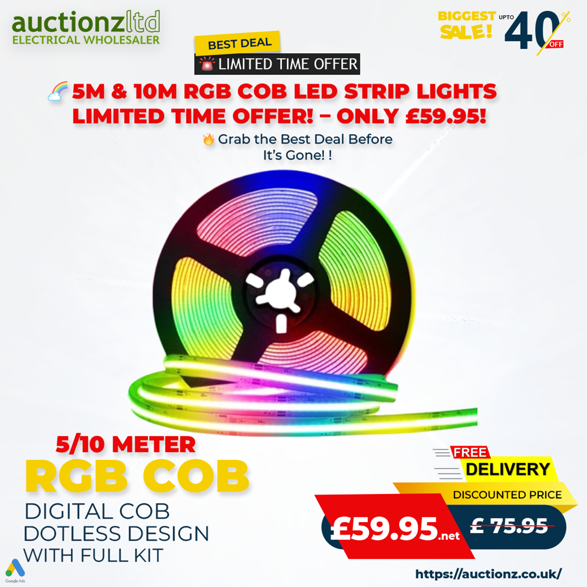 Special Offer – Limited Time Only! 24V RGB LED COB Tape Strip Light Dotless Colour Changing High Density Flexible Cabinet & Kitchen Lighting Tape 5 / 10 Meter