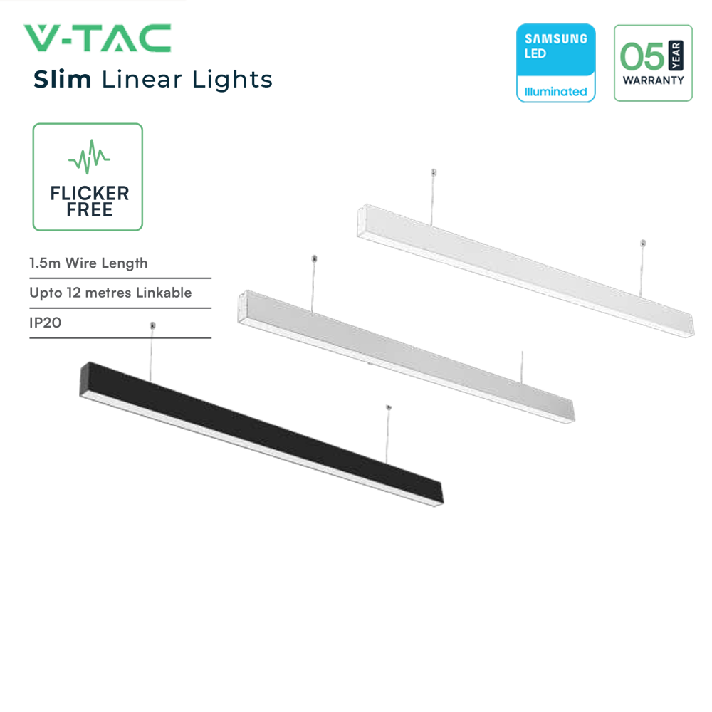 V-TAC VT-7-40 40W LED Linear Hanging Suspension Light - Samsung Chip, Available in 4000K & 6400K, Multi-Colour Body - Black, Silver, White - Fluorescent Batten Replacement