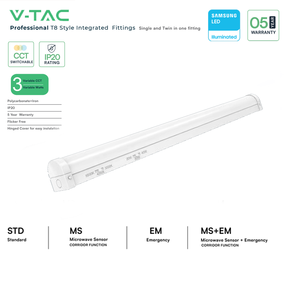 V-TAC VT-4004  LED Batten Fitting Samsung Chip - CCT 3-in-1 - 135lm/W - Sensor & Emergency Battery Options- Multi Wattage