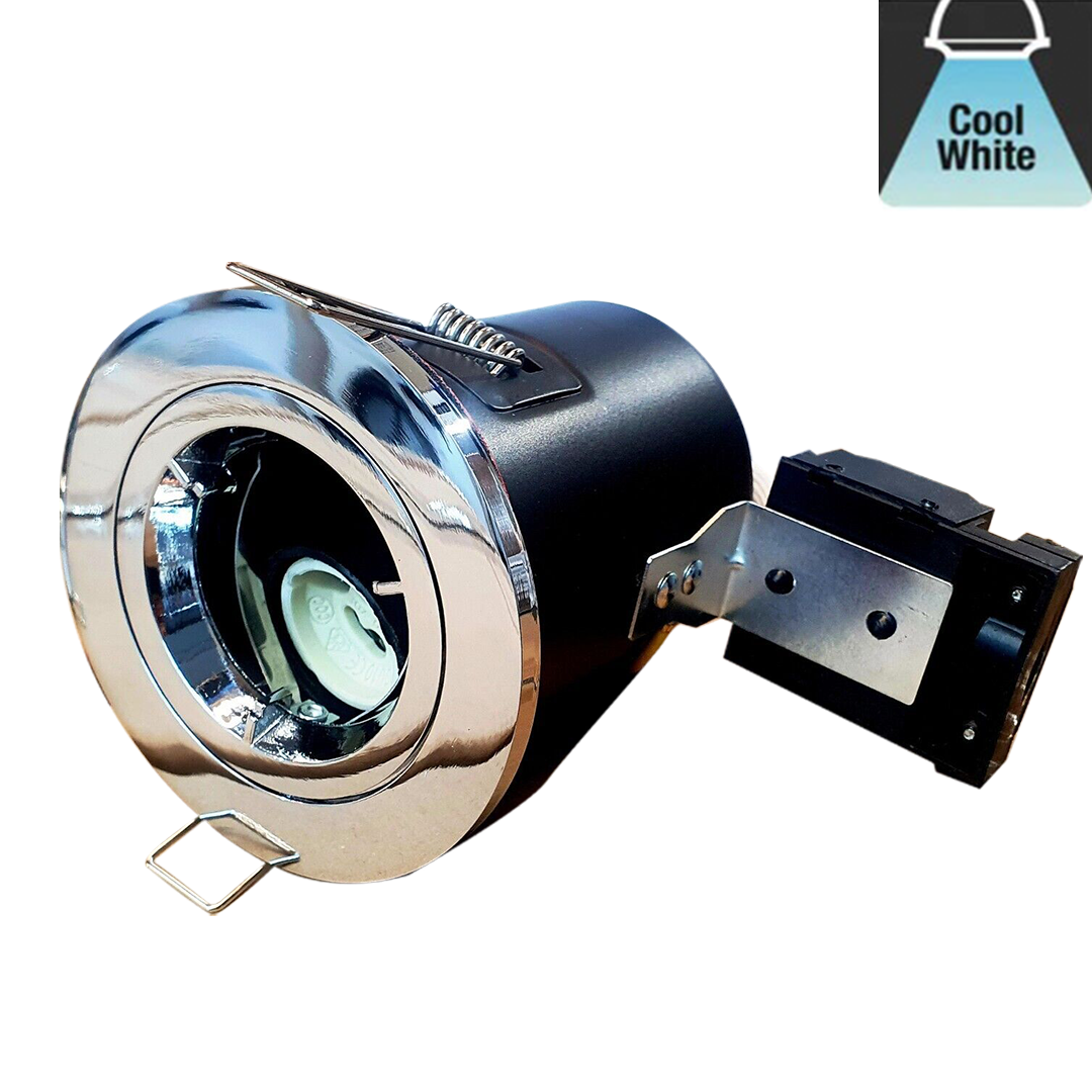 Fire Rated GU10 LED Downlight with Polished Chrome Mains Voltage Twist Lock Fixed Spotlight