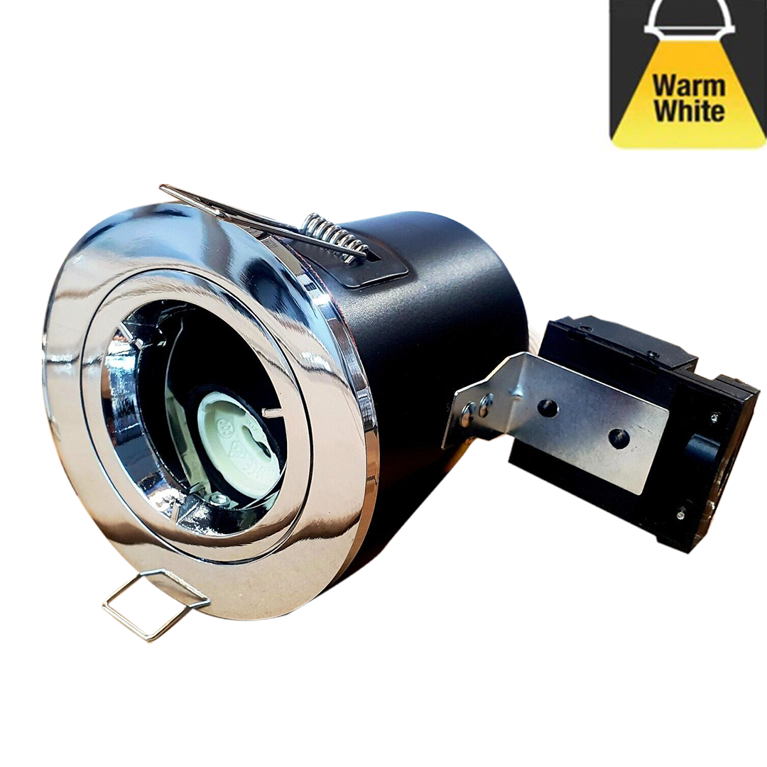 Fire Rated GU10 LED Downlight with Polished Chrome Mains Voltage Twist Lock Fixed Spotlight