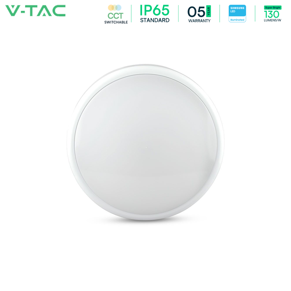 V-TAC VT-24 LED IP65 Slim Line LED Bulkhead Large Base Light 20W CCT 3 IN 1 with Samsung Chip, Sensor & Emergency Options