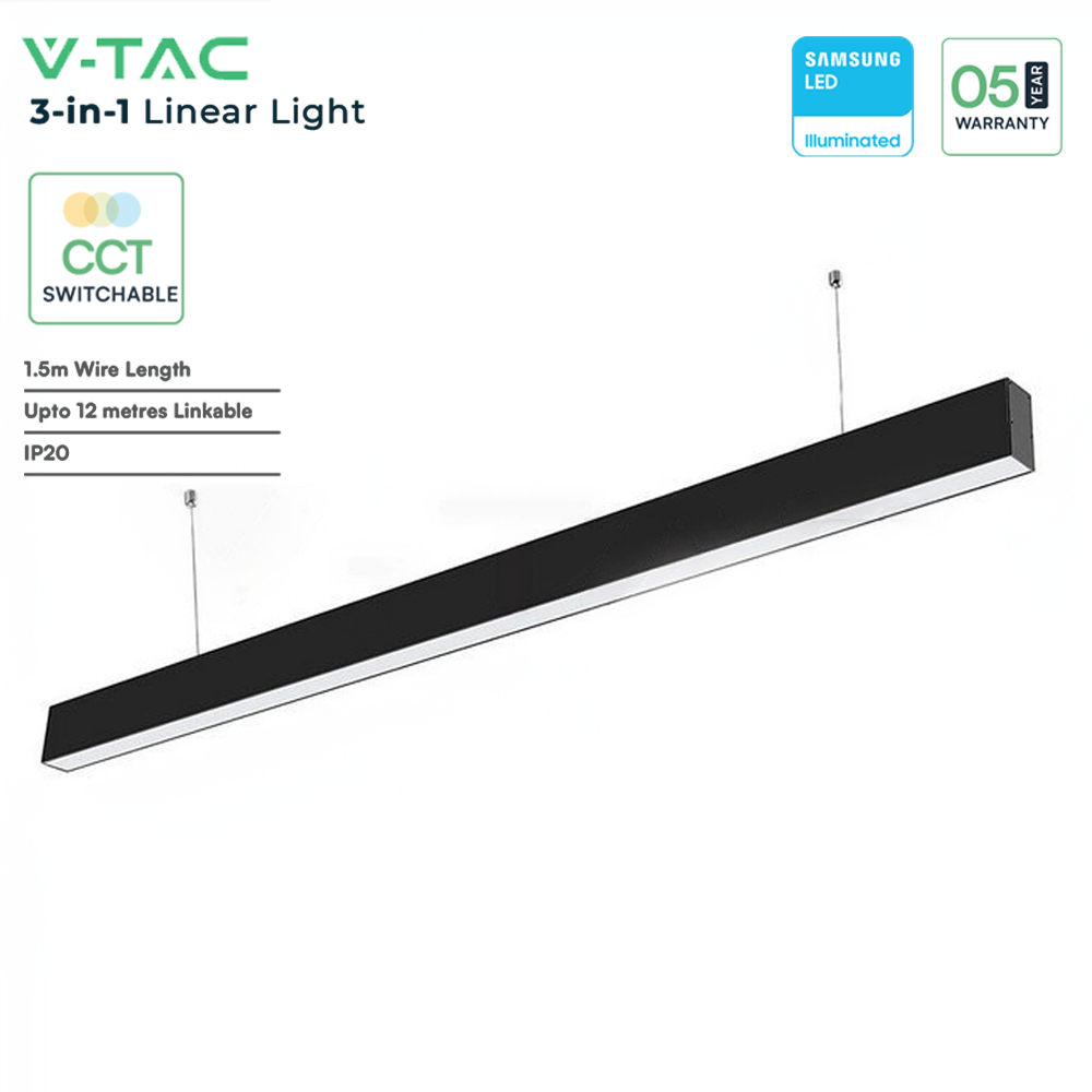 V-TAC 40W LED Linear Hanging Light with Samsung Chip - 3-in-1 Colour Temperature - Black Body - Florescent Batten Replacement