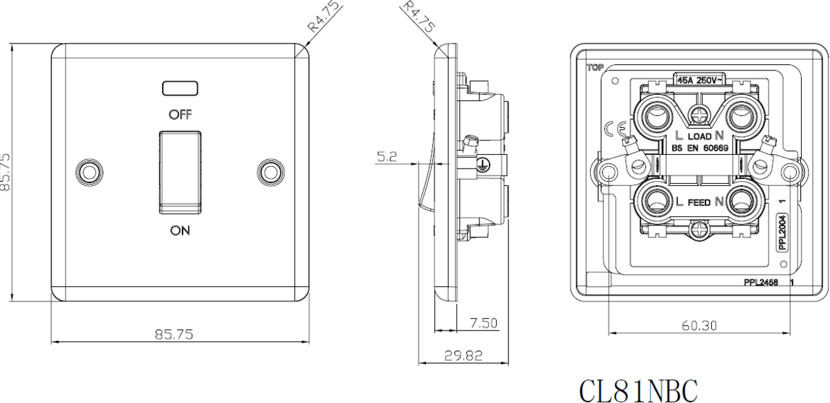 Knightsbridge 45A DP 1G Single Gang Shower Cooker Switch with Neon - Rounded Edge