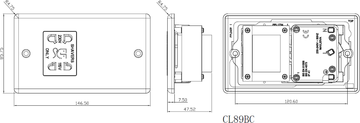 Knightsbridge 115-230V Dual Voltage Shaver Socket with Insert - Rounded Edge