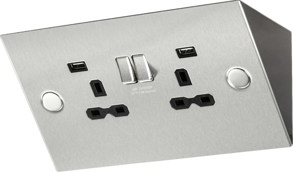 Knightsbridge 13A 2G Mounting Switched Socket with Dual USB Charger 2.4A - Stainless Steel with black insert
