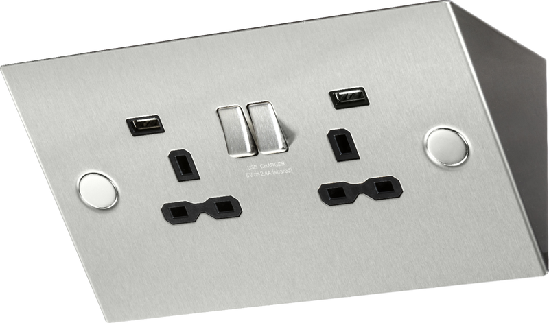 Knightsbridge 13A 2G Mounting Switched Socket with Dual USB Charger 2.4A - Stainless Steel with black insert