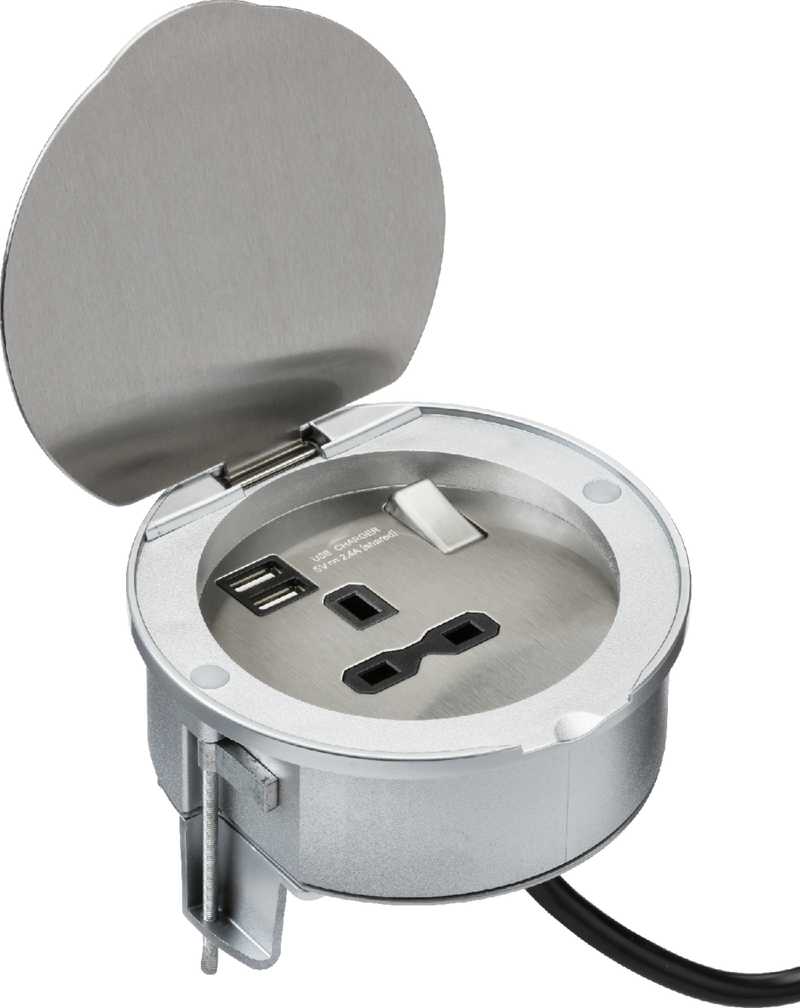 Knightsbridge 13A 1G Recess Switched Socket with Dual USB Charger 2.4A - Stainless Steel with Black Insert