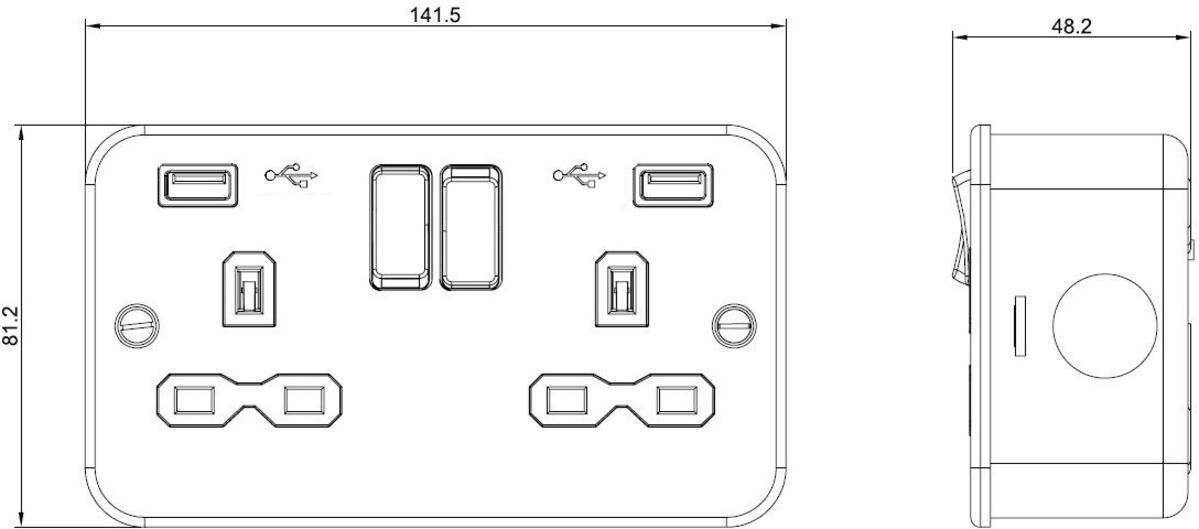 Knightsbridge Metal Clad 13A 1G 2G Switched Socket with Dual USB Charger 2.4A