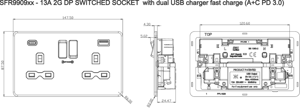Knightsbridge 13A 2G DP Switched Socket with dual USB FAST CHARGE A+C