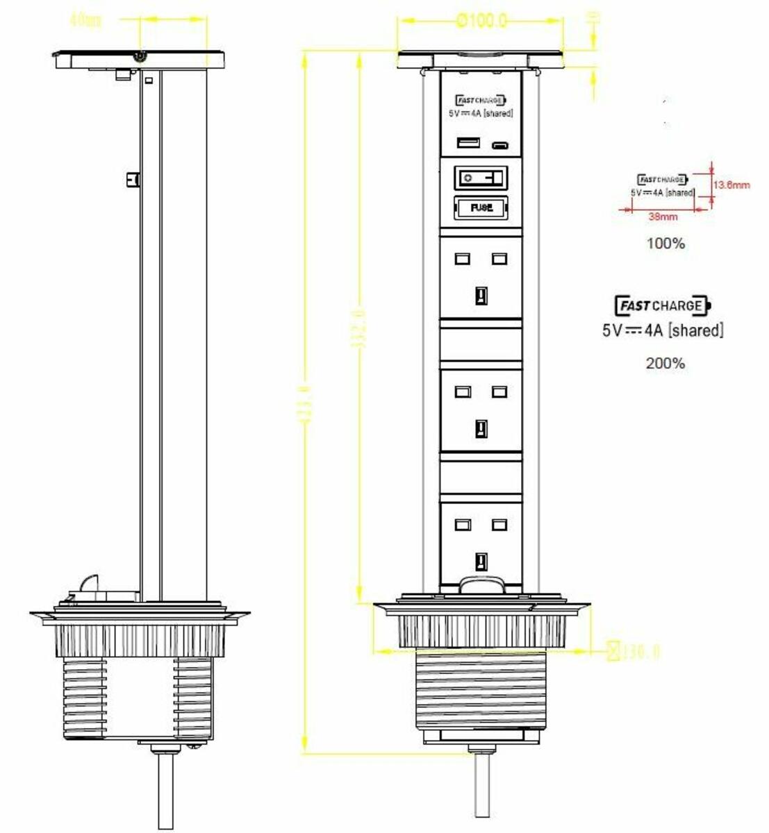 Knightsbridge IP54 3G Pop-Up Socket with Dual USB Charger A+C - FAST CHARGE