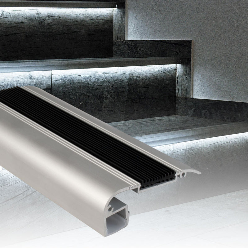 Emco 10x 1M Aluminium Silver Round Edge Anti Slip Stair Nosing Ramp LED Strip Profile