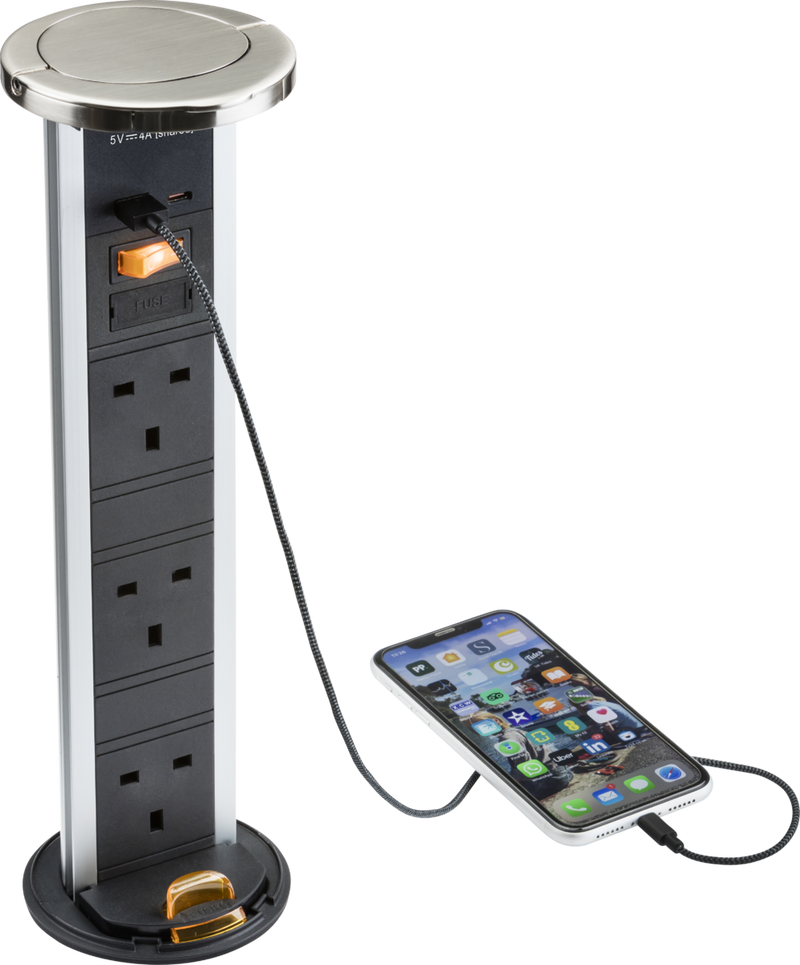 Knightsbridge IP54 3G Pop-Up Socket with Dual USB Charger A+C - FAST CHARGE