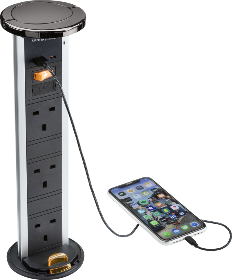 Knightsbridge IP54 3G Pop-Up Socket with Dual USB Charger A+C - FAST CHARGE