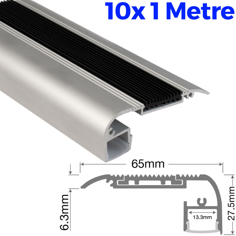 Emco 10x 1M Aluminium Silver Round Edge Anti Slip Stair Nosing Ramp LED Strip Profile
