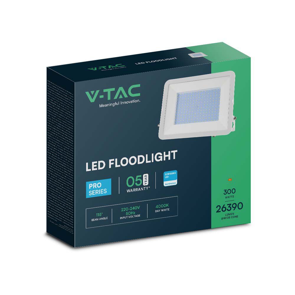 V-Tac VT-44300 300W - Commercial LED Floodlight IP65 With Samsung Chip - 1M Cable - 4000K/6500K - Black & White Body