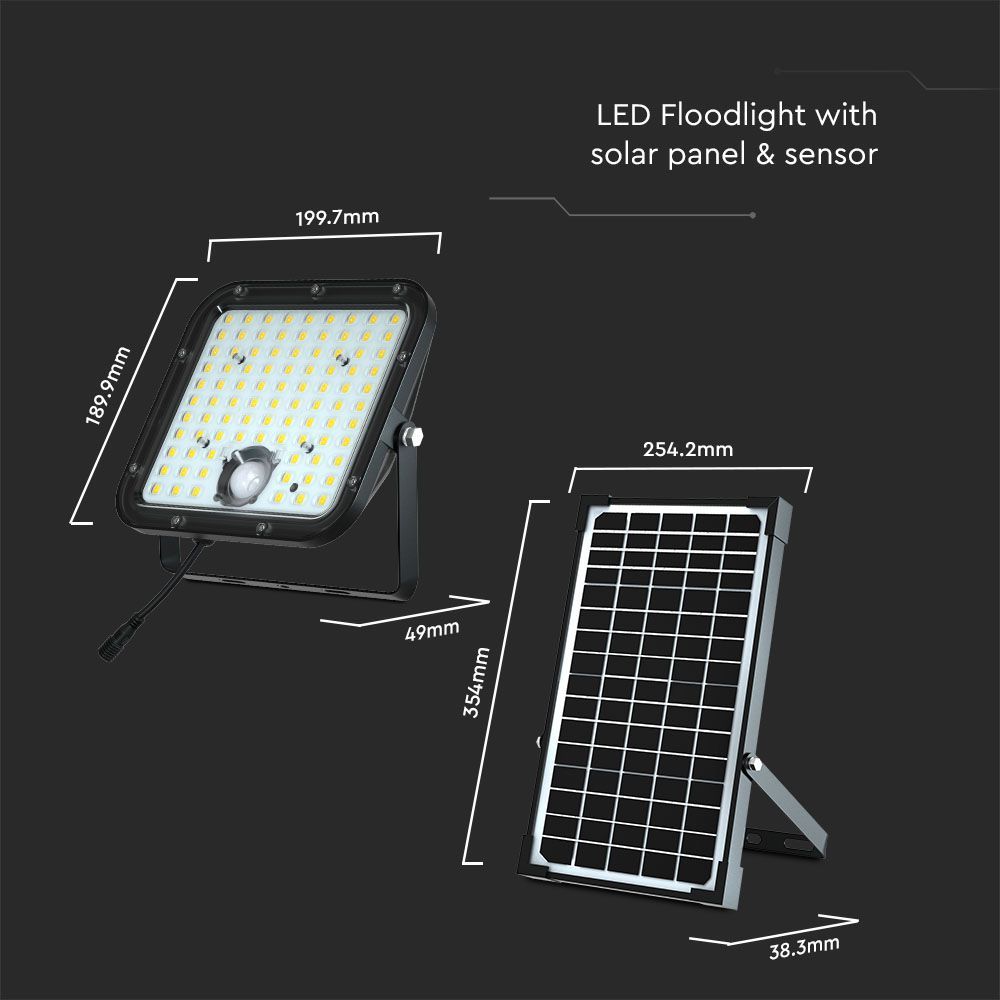 V-Tac VT-432 PIR Motion Sensor 30W Outdoor IP65 LED Solar Floodlight Cube -5m Wire- Waterproof, 4000K/6400K Black Body