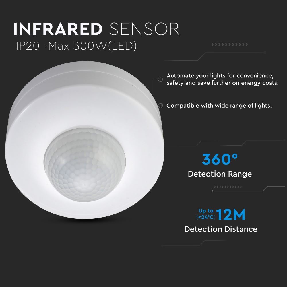 V-TAC VT-8049 360° PIR Infrared Motion Detector Surface-Mounted Indoor Sensor with Manual Override, IP20, Max 300W LED Load, Adjustable, White