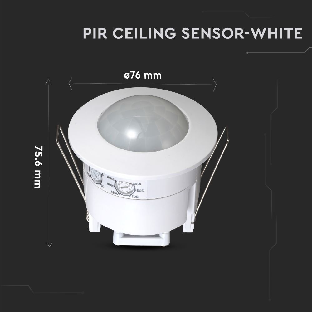 V-TAC VT-8051 360° PIR Infrared Recessed Motion Detector Ceiling Sensor, Adjustable with Manual Override, Max 300W LED load IP20 Indoor, White