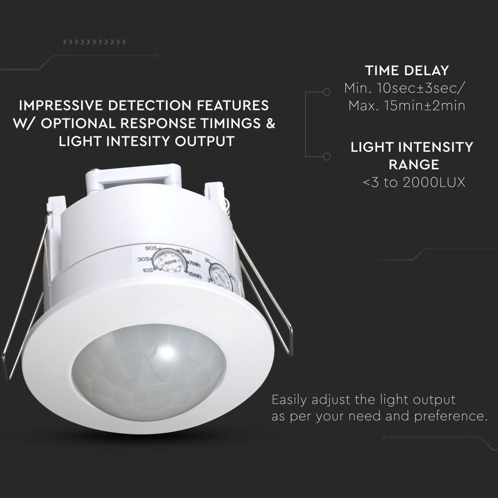 V-TAC VT-8051 360° PIR Infrared Recessed Motion Detector Ceiling Sensor, Adjustable with Manual Override, Max 300W LED load IP20 Indoor, White