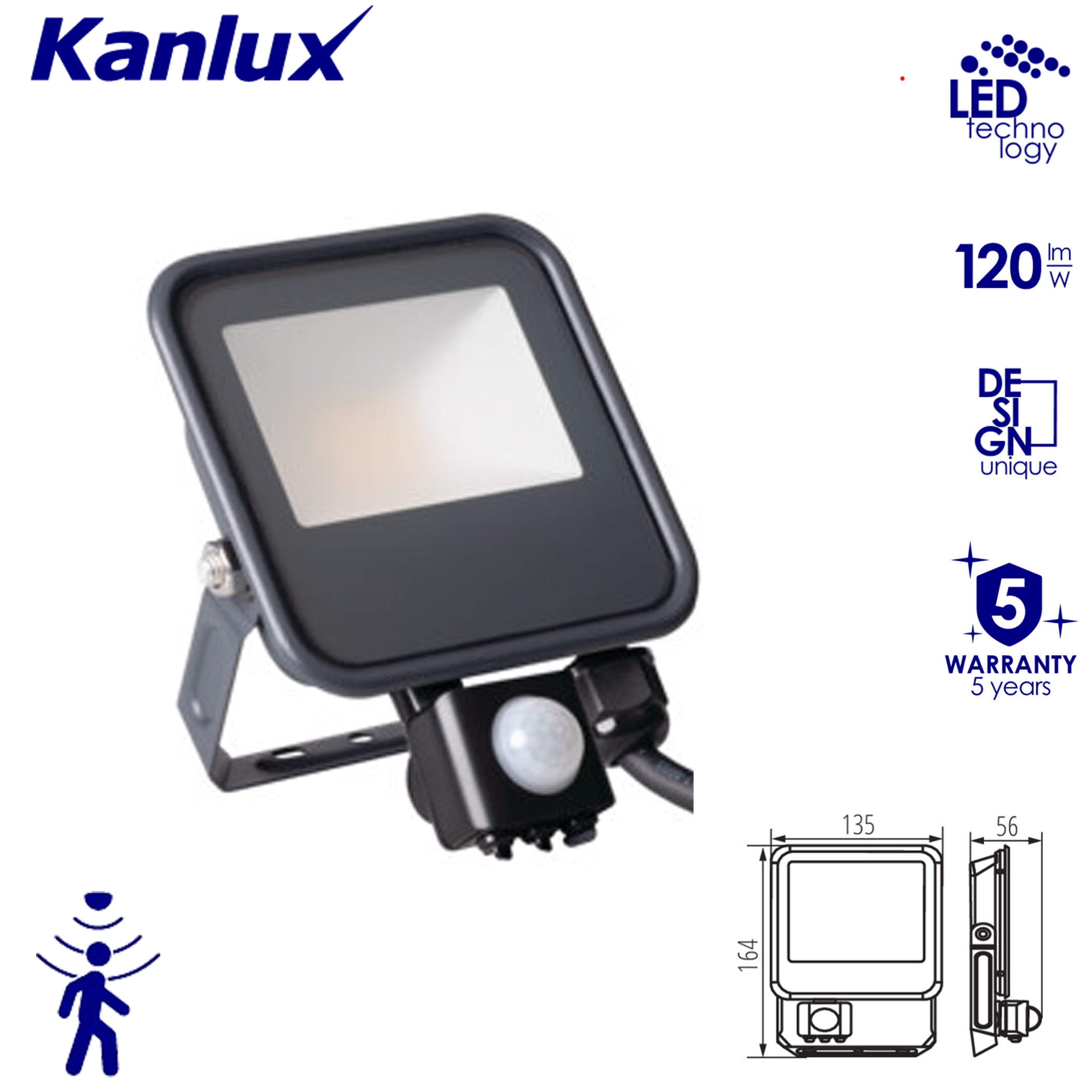 Kanlux IQ-LED FL Outdoor Garden Garage Floodlight - IP44 PIR Motion Sensor